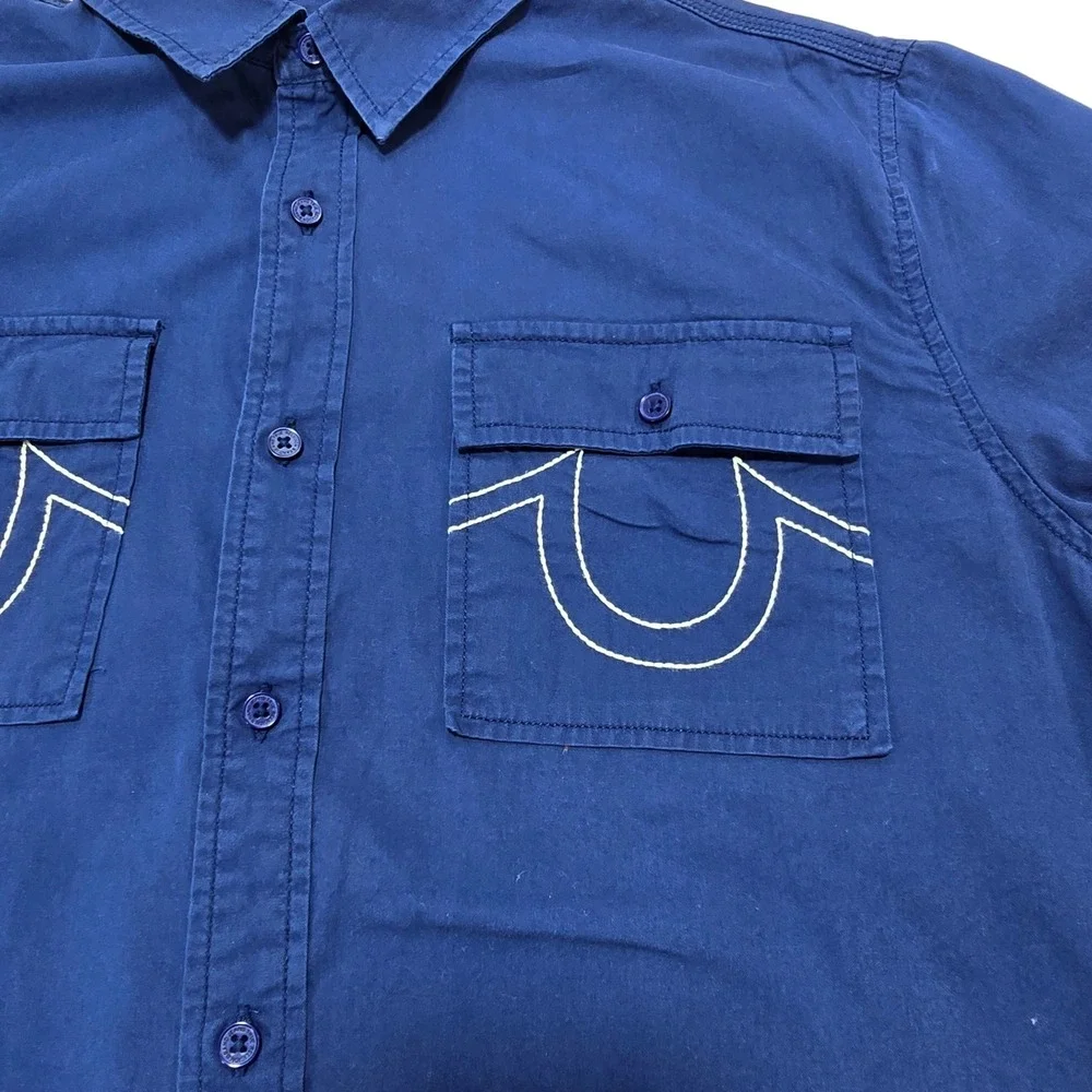 True Religion Shirt Mens Large Blue Cotton Short Sleeve Workwear Horseshoe‎ Y2K